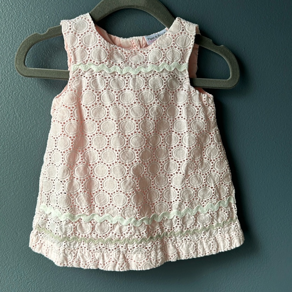 👶🏻 PIPER & POSIE Dress size 3-6 months pink eyelet lined dress baby girl EUC